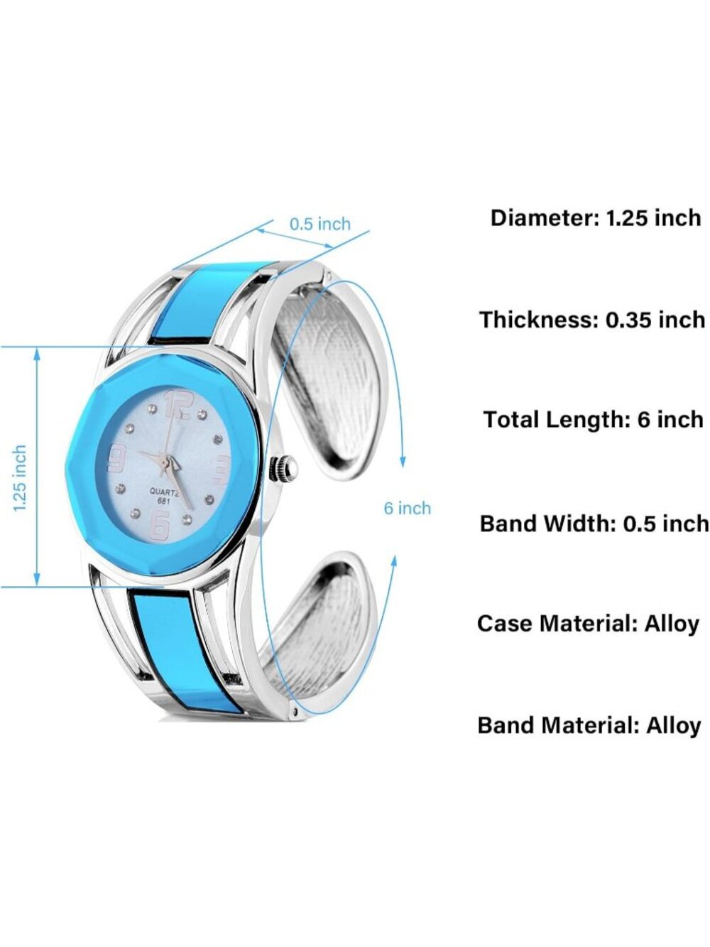 Women's Light Blue Quartz with Rhinestone Round Dial Stainless Steel Cuff Watch - Picture 2 of 7